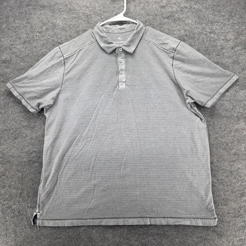 Tommy Bahama Polo Shirt Mens XL Gray Slub Stripe Short Sleeve Stretch Casual
